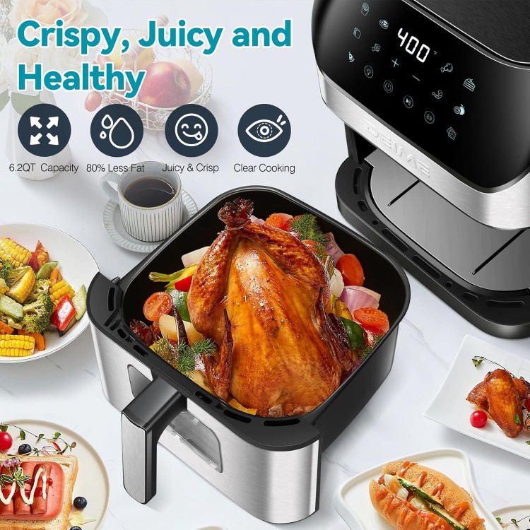 DEIME Air Fryer 6.2 QT Oilless 1500W Large Capacity Oven Air Fryers Healthy Cooker with 10 Preset, Visual Cooking Window, Non-Stick Basket, Included Recipe