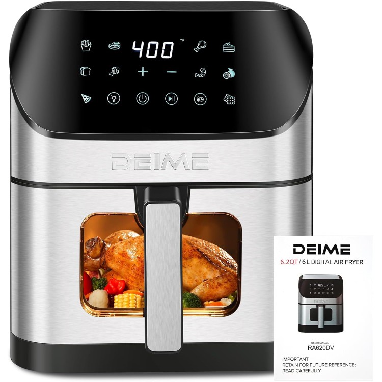 DEIME Air Fryer 6.2 QT Oilless 1500W Large Capacity Oven Air Fryers Healthy Cooker with 10 Preset, Visual Cooking Window, Non-Stick Basket, Included Recipe