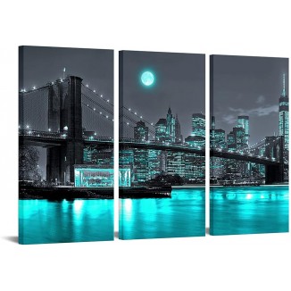 Canvbay 3 Pieces Black and Teal Brooklyn Bridge Canvas Wall Art New York City under Full Moon Pictures Manhattan Cityscape Night Scene Poster Artwork Print Framed Modern Home Office Decor