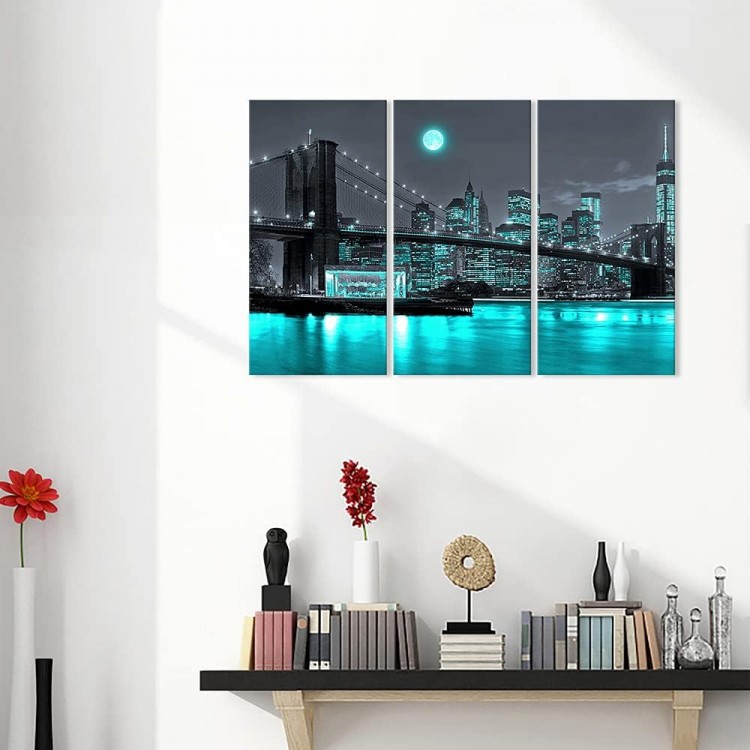 Canvbay 3 Pieces Black and Teal Brooklyn Bridge Canvas Wall Art New York City under Full Moon Pictures Manhattan Cityscape Night Scene Poster Artwork Print Framed Modern Home Office Decor