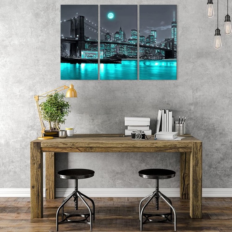 Canvbay 3 Pieces Black and Teal Brooklyn Bridge Canvas Wall Art New York City under Full Moon Pictures Manhattan Cityscape Night Scene Poster Artwork Print Framed Modern Home Office Decor