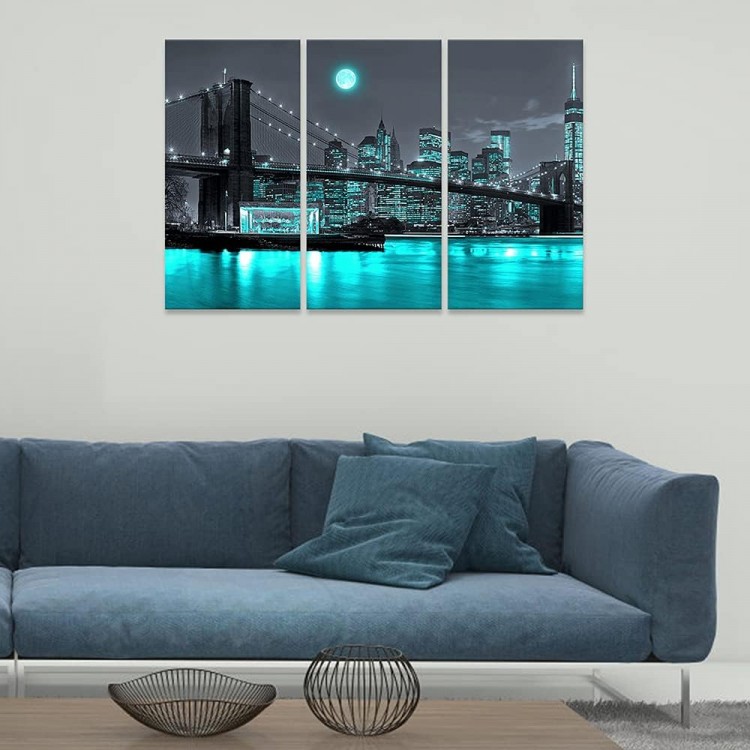 Canvbay 3 Pieces Black and Teal Brooklyn Bridge Canvas Wall Art New York City under Full Moon Pictures Manhattan Cityscape Night Scene Poster Artwork Print Framed Modern Home Office Decor