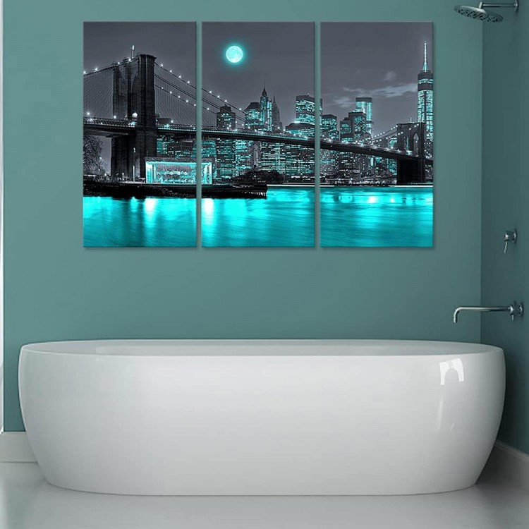 Canvbay 3 Pieces Black and Teal Brooklyn Bridge Canvas Wall Art New York City under Full Moon Pictures Manhattan Cityscape Night Scene Poster Artwork Print Framed Modern Home Office Decor