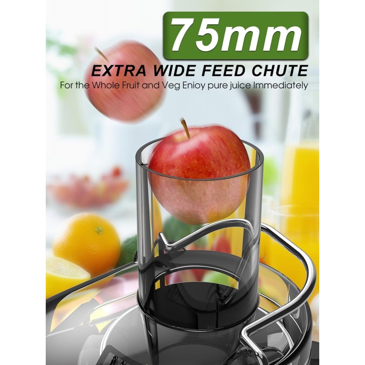 Juicer Machine, 1200W Juicer with 3 Feed Chute for Whole Fruits and Veg, Dual Speeds Centrifugal Juice Extractor, High Juice Yield, Full Copper Motor, Easy to Clean, BPA Free (Black)