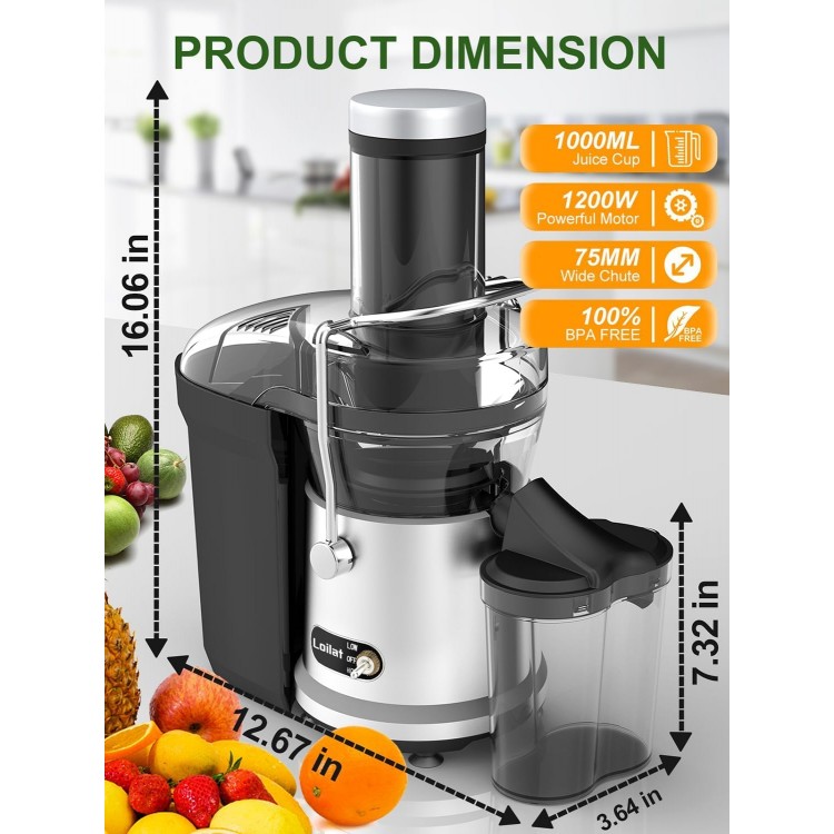 Juicer Machine, 1200W Juicer with 3 Feed Chute for Whole Fruits and Veg, Dual Speeds Centrifugal Juice Extractor, High Juice Yield, Full Copper Motor, Easy to Clean, BPA Free (Black)