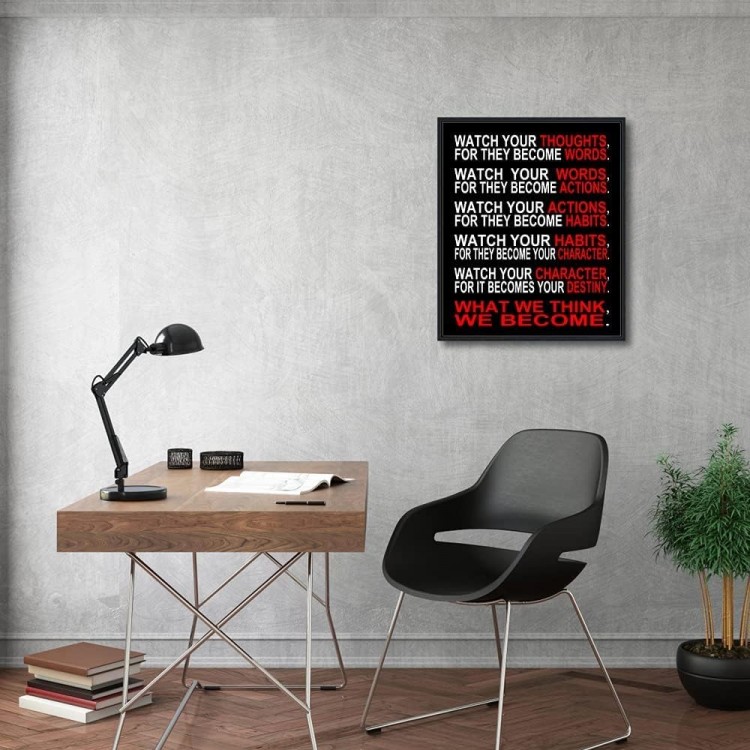 Pyradecor Black Framed Watch Your Thoughts Motivational Classroom Poster Modern Canvas Prints for Office Living Room Home Decorations Giclee Pictures Artwork