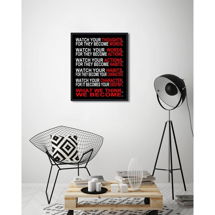 Pyradecor Black Framed Watch Your Thoughts Motivational Classroom Poster Modern Canvas Prints for Office Living Room Home Decorations Giclee Pictures Artwork