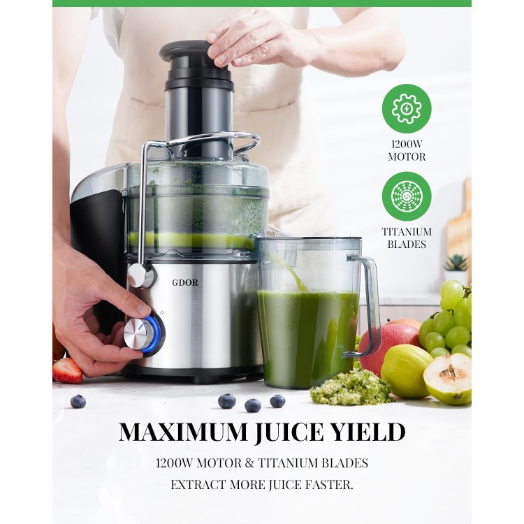 GDOR Powerful 1200W Juicer with Titanium Enhanced Cut Disc, Larger 3” Feed Chute Juicer Machines for Whole Fruits and Vegetables, Centrifugal Juicer with 40 oz. Juice Jug, BPA-Free, Easy to Clean, 3.0