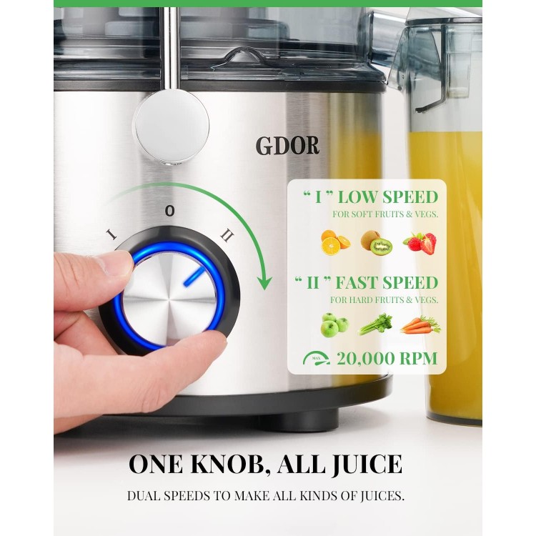 GDOR Powerful 1200W Juicer with Titanium Enhanced Cut Disc, Larger 3” Feed Chute Juicer Machines for Whole Fruits and Vegetables, Centrifugal Juicer with 40 oz. Juice Jug, BPA-Free, Easy to Clean, 3.0