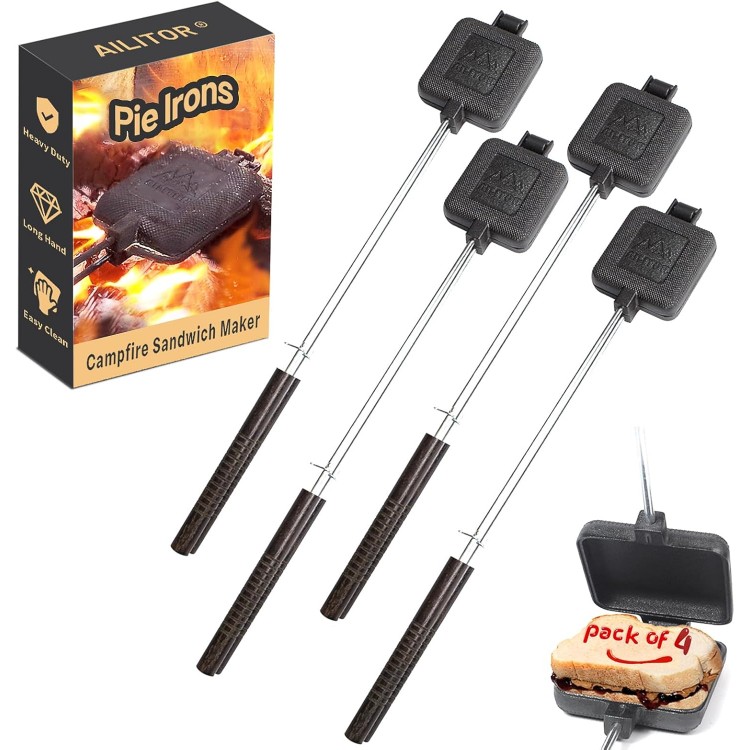 Campfire Sandwich Maker Cast Iron Pack of 4 - Pudgy Pie Maker for Camping, Mountain Pie Cooker