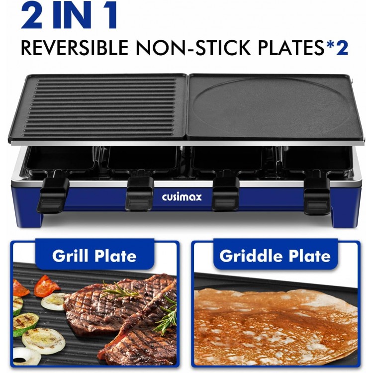 Raclette Table Grill, CUSIMAX Indoor Grill, 1500W Raclette Grill, Korean BBQ Grill with 2 Reversible 2 in 1 Non-stick Grill & Griddle Plates, Cheese Raclette with 8 Paddles & Shovels, Blue New Model