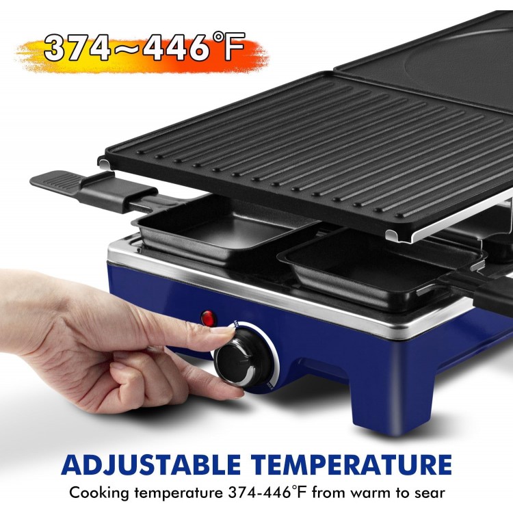 Raclette Table Grill, CUSIMAX Indoor Grill, 1500W Raclette Grill, Korean BBQ Grill with 2 Reversible 2 in 1 Non-stick Grill & Griddle Plates, Cheese Raclette with 8 Paddles & Shovels, Blue New Model