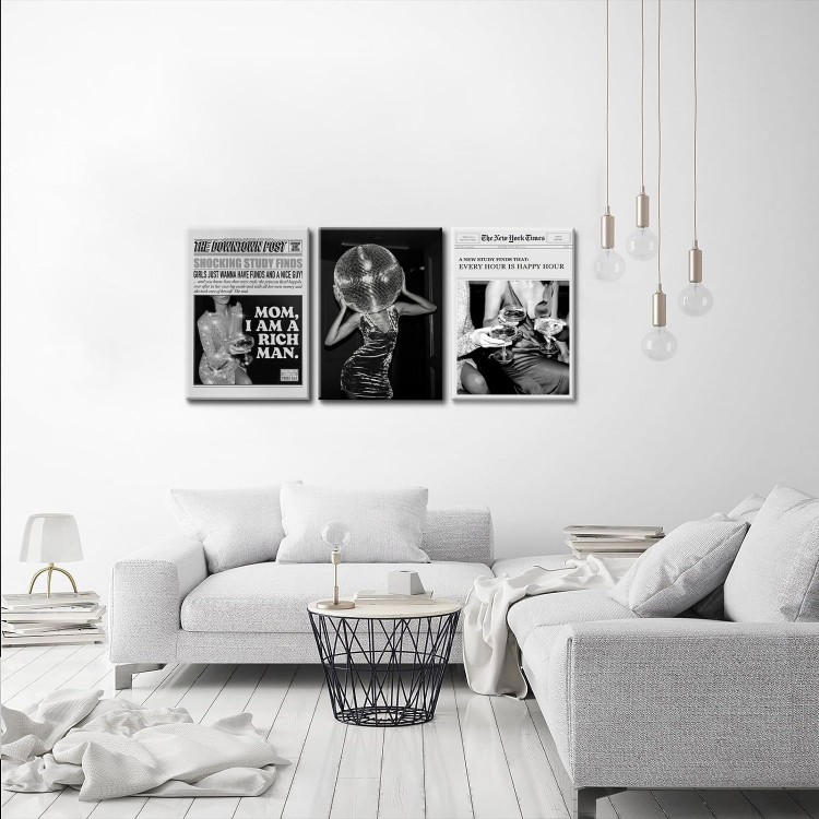 Black and White Canvas Wall Art Set of 3 - Disco Ball Tequila Fashion Poster Prints Wall Decor, Fashion Girl Wall Art for Living Room Bedroom Bathroom Home Decor - Framed 16x24''