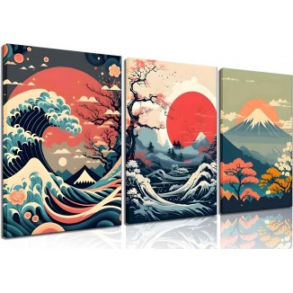 3Pcs Japanese Wall Art Asian Nature Landscape Posters Pictures Kanagawa Giant Wave Canvas Prints Mount Japanese Fuji Art Paintings Cherry Blossom Lake Wall Decor for Living Room Bedroom Office Framed