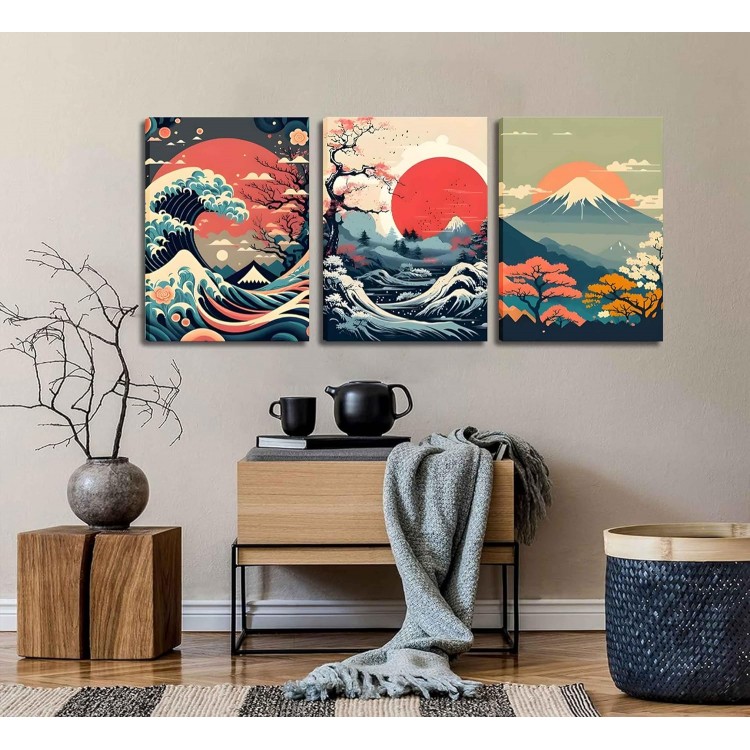 3Pcs Japanese Wall Art Asian Nature Landscape Posters Pictures Kanagawa Giant Wave Canvas Prints Mount Japanese Fuji Art Paintings Cherry Blossom Lake Wall Decor for Living Room Bedroom Office Framed