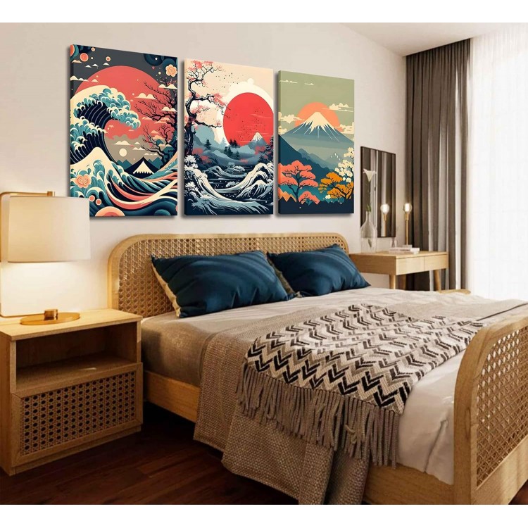 3Pcs Japanese Wall Art Asian Nature Landscape Posters Pictures Kanagawa Giant Wave Canvas Prints Mount Japanese Fuji Art Paintings Cherry Blossom Lake Wall Decor for Living Room Bedroom Office Framed