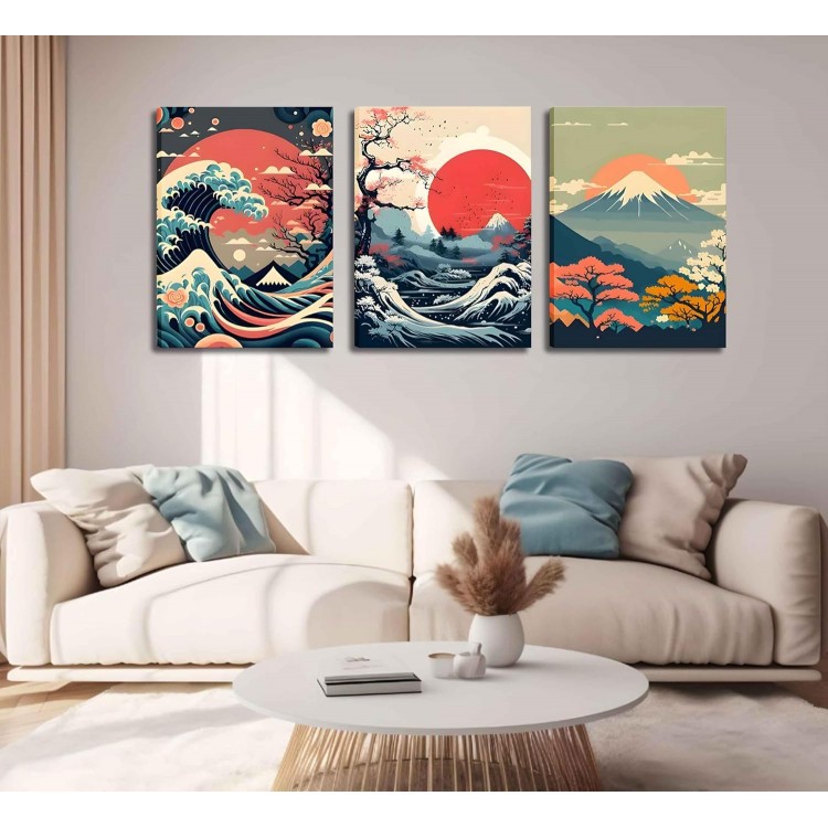 3Pcs Japanese Wall Art Asian Nature Landscape Posters Pictures Kanagawa Giant Wave Canvas Prints Mount Japanese Fuji Art Paintings Cherry Blossom Lake Wall Decor for Living Room Bedroom Office Framed