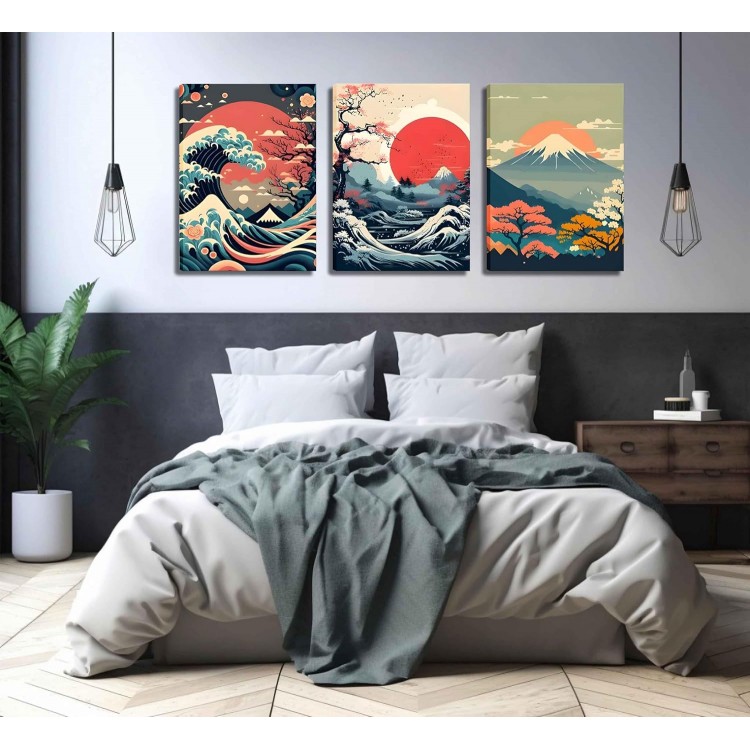 3Pcs Japanese Wall Art Asian Nature Landscape Posters Pictures Kanagawa Giant Wave Canvas Prints Mount Japanese Fuji Art Paintings Cherry Blossom Lake Wall Decor for Living Room Bedroom Office Framed