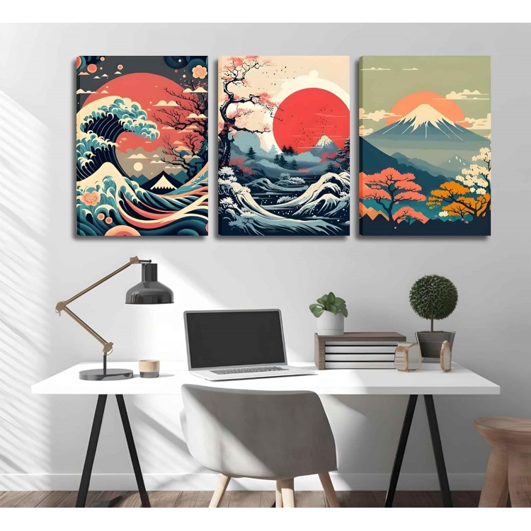 3Pcs Japanese Wall Art Asian Nature Landscape Posters Pictures Kanagawa Giant Wave Canvas Prints Mount Japanese Fuji Art Paintings Cherry Blossom Lake Wall Decor for Living Room Bedroom Office Framed