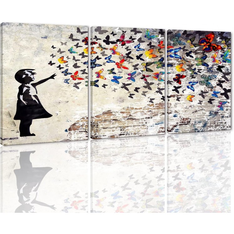 Banksy Wall Art Set Graffiti Street Canvas Paintings Girl with Butterfly Poster and Prints Girl Figure Street Graffiti Picture Artwork Modern Framed Art for Home Wall Decor - 20x28inchx3Pcs