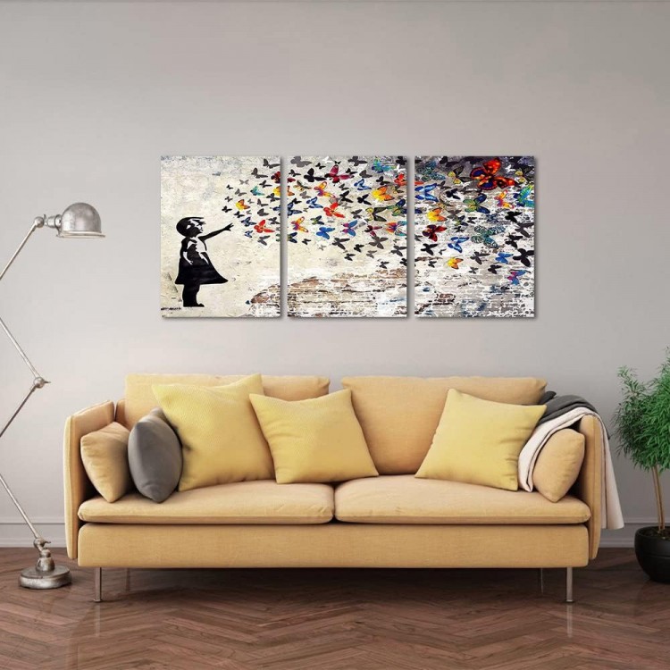 Banksy Wall Art Set Graffiti Street Canvas Paintings Girl with Butterfly Poster and Prints Girl Figure Street Graffiti Picture Artwork Modern Framed Art for Home Wall Decor - 20x28inchx3Pcs