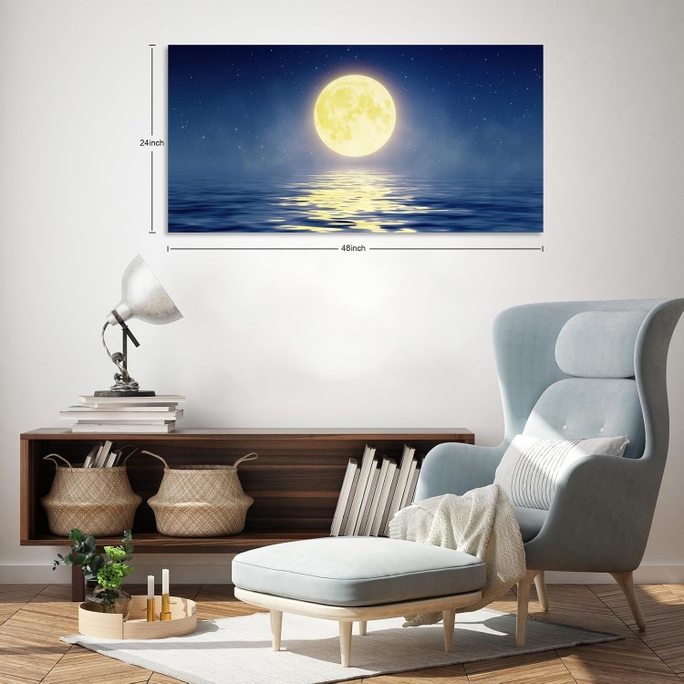 ZhongxingWL Wall Art Canvas Print Poster full Moon Painting 1 Piece Yellow Big Moon and Sea Picture Framed and Stretched Ready to Hang for Living Room Bedroom Offcie Artwork