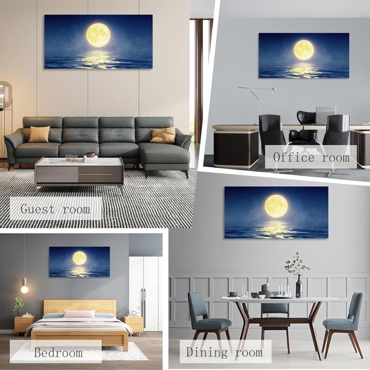 ZhongxingWL Wall Art Canvas Print Poster full Moon Painting 1 Piece Yellow Big Moon and Sea Picture Framed and Stretched Ready to Hang for Living Room Bedroom Offcie Artwork