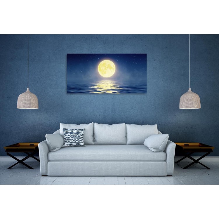 ZhongxingWL Wall Art Canvas Print Poster full Moon Painting 1 Piece Yellow Big Moon and Sea Picture Framed and Stretched Ready to Hang for Living Room Bedroom Offcie Artwork