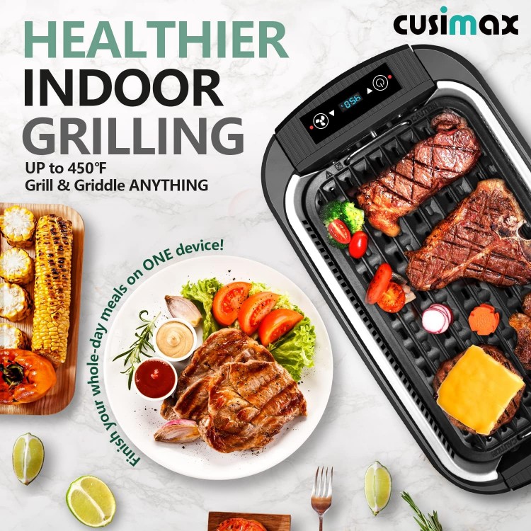 Indoor Grill, CUSIMAX Smokeless Grill Indoor, 1500W Electric Grill Griddle Korean BBQ Grill with LED Smart Display & Tempered Glass Lid, Non-stick Removable Grill Plate & Griddle Plate, Black