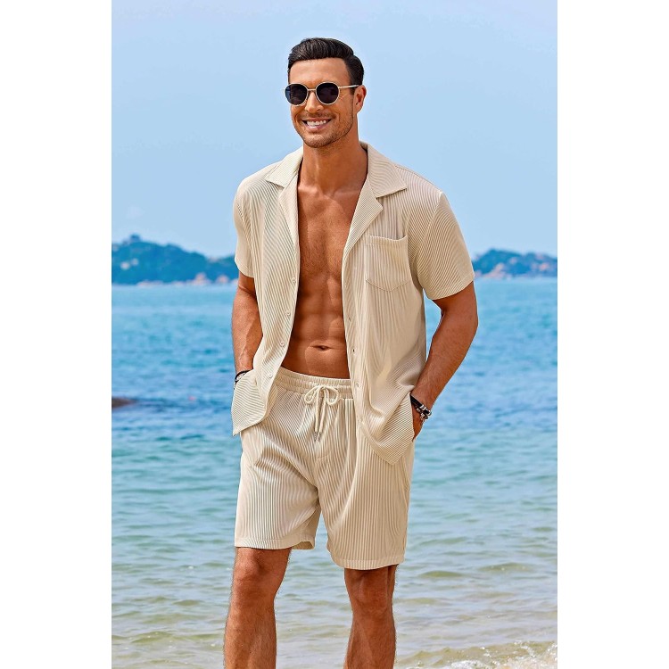 COOFANDY Men's 2 Pieces Shirt Sets Short Sleeve Casual Button Down Hippie T-Shirts Shorts Sets Summer Fashion Beach Outfits