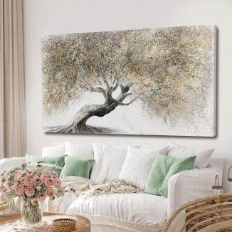 Tree Canvas Painting Grey Wall Art Decor for Living Room Gold Landscape Artwork for Bedroom Entryway Wall Decor Wall Painting for Men 20x40 Inch