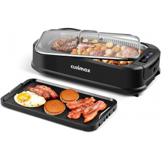 CUSIMAX Indoor Grill, Electric Smokeless Grill, 1500W Korean BBQ Grill, Electric Grill Griddle with LED Smart Display & Tempered Glass Lid, Non-stick Removable Grill Plate & Griddle Plate, Black