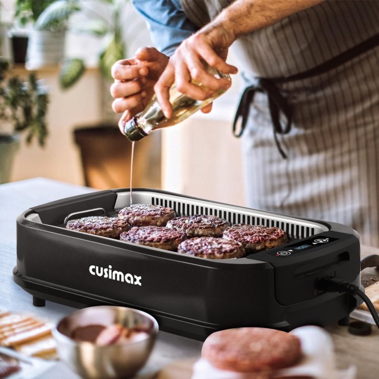 CUSIMAX Indoor Grill, Electric Smokeless Grill, 1500W Korean BBQ Grill, Electric Grill Griddle with LED Smart Display & Tempered Glass Lid, Non-stick Removable Grill Plate & Griddle Plate, Black