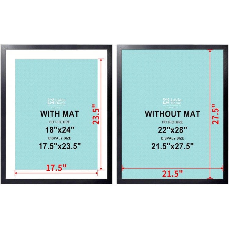 LaVie Home 22 x 28 Poster Frame 2 Packs Black, Display Pictures 18x24 with Mat or 22x28 Without Mat, Horizontal or Vertical Wall Gallery Poster Frames with High Definition Plexiglass Suitable for