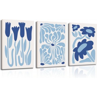 YFvrPt Matisse Flower Market Wall Art Framed 16x24 Inch Light Blue Abstract Plant Canvas Poster Prints Wall Decor Set of 3 Modern Minimalist Picture Gallery Painting Artwork for Bedroom Living Room