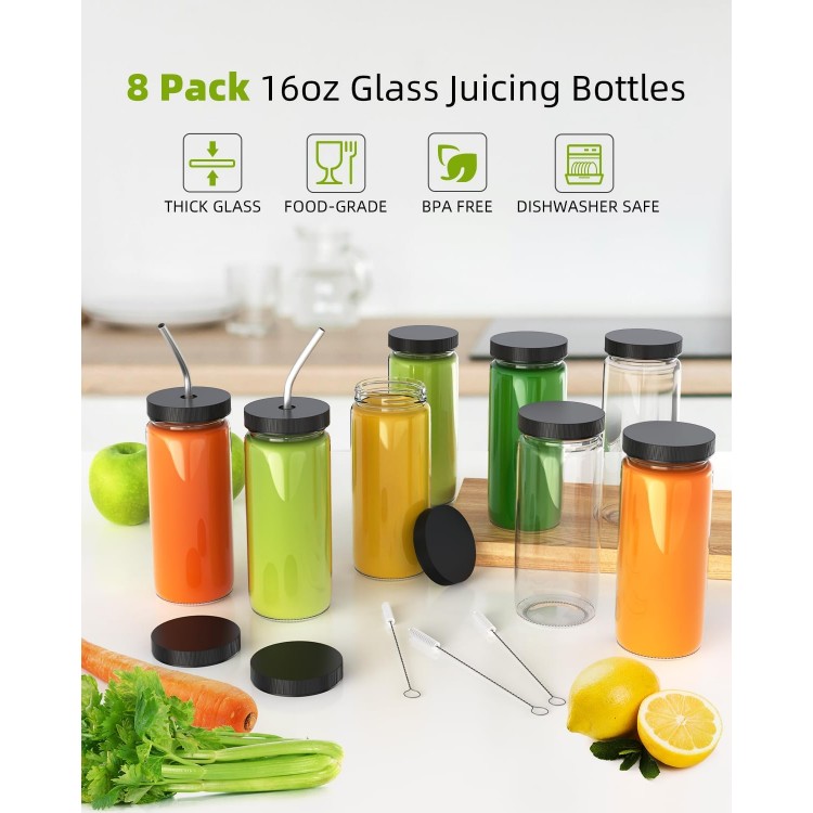 Cold Press Juicer with 8 Juice Bottles - Masticating Juicer Machines for Fruits and Veggies, 4.25 Large Feed Chute, Easy to Clean