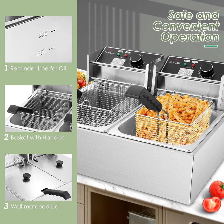 Commercial Deep Fryer - 3400W Electric Deep Fryers with 2x6.35QT Baskets 0.8mm Thickened Stainless Steel Countertop Oil Fryer 20.7QT Large Capacity with Temperature Limiter (12L)