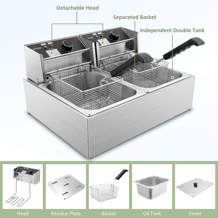 Commercial Deep Fryer - 3400W Electric Deep Fryers with 2x6.35QT Baskets 0.8mm Thickened Stainless Steel Countertop Oil Fryer 20.7QT Large Capacity with Temperature Limiter (12L)