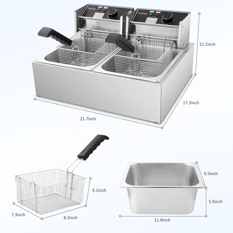 Commercial Deep Fryer - 3400W Electric Deep Fryers with 2x6.35QT Baskets 0.8mm Thickened Stainless Steel Countertop Oil Fryer 20.7QT Large Capacity with Temperature Limiter (12L)