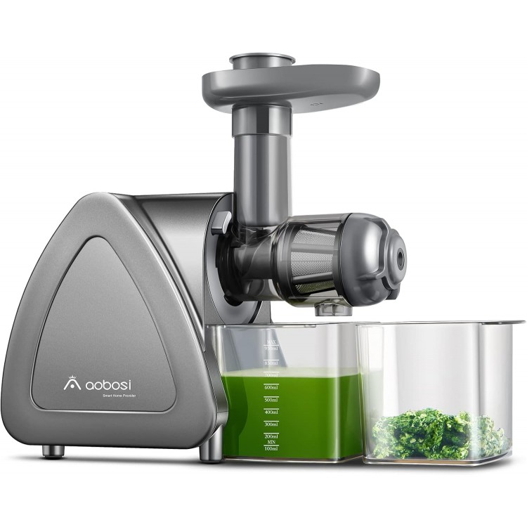 Cold Press Juicer, Aobosi Slow Masticating Juicer Machines with Reverse Function, Quiet Motor, High Juice Yield with Juice Jug & Brush for Cleaning, Gray