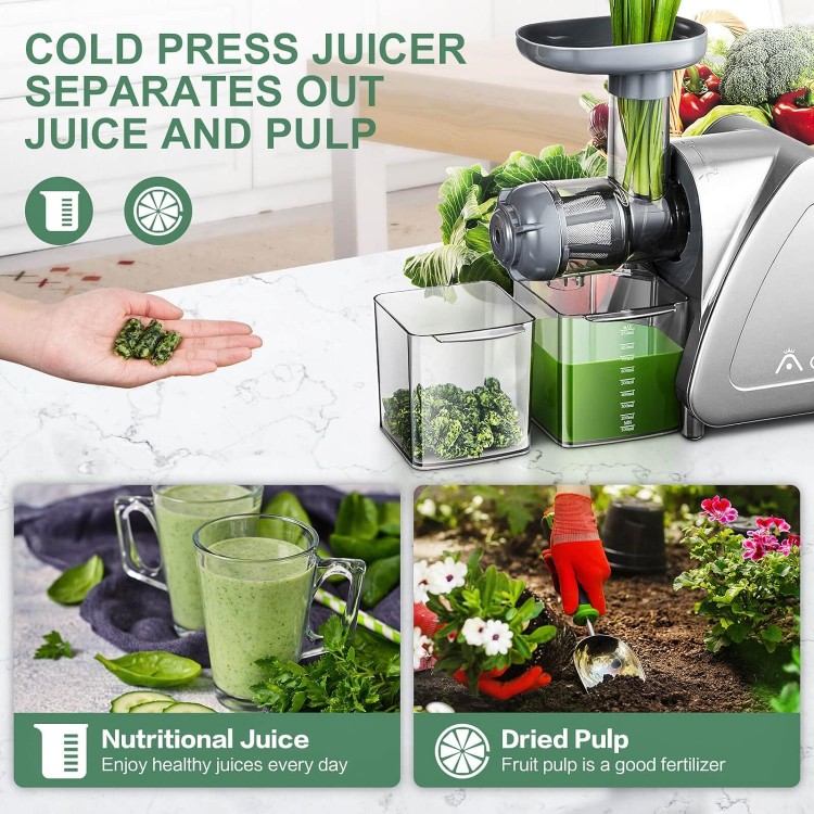 Cold Press Juicer, Aobosi Slow Masticating Juicer Machines with Reverse Function, Quiet Motor, High Juice Yield with Juice Jug & Brush for Cleaning, Gray