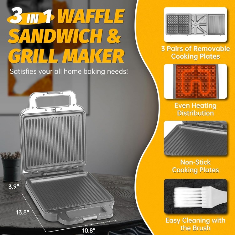 Panini Grill Press Breakfast Sandwich Maker 3 in 1, Electric Griddle Panini Press, Grilled Cheese Maker, Sandwichera Electrica, Belgian Waffle Maker with Removable Plates