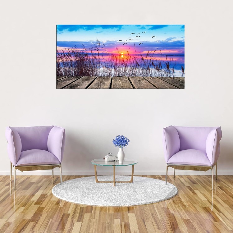 XXMWallArtFC2375 Wall Art Leisure and Free Time On The lake Framed Canvas Prints Painting Sunset Landscape Pictures Ready to Hang for Living Room Bedroom Kitchen Home and Office Wall Decor