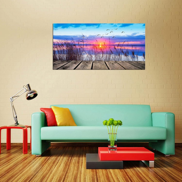 XXMWallArtFC2375 Wall Art Leisure and Free Time On The lake Framed Canvas Prints Painting Sunset Landscape Pictures Ready to Hang for Living Room Bedroom Kitchen Home and Office Wall Decor