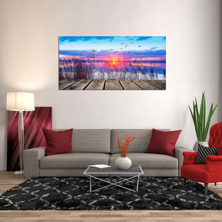 XXMWallArtFC2375 Wall Art Leisure and Free Time On The lake Framed Canvas Prints Painting Sunset Landscape Pictures Ready to Hang for Living Room Bedroom Kitchen Home and Office Wall Decor