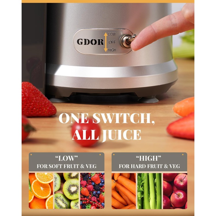 Powerful GDOR 1200W Juicer with Larger 3.2 Feed Chute, Titanium Enhanced Cutting System, Centrifugal Juice Extractor Maker with Heavy Duty Full Copper Motor, Dual Speeds, BPA-Free, Silver