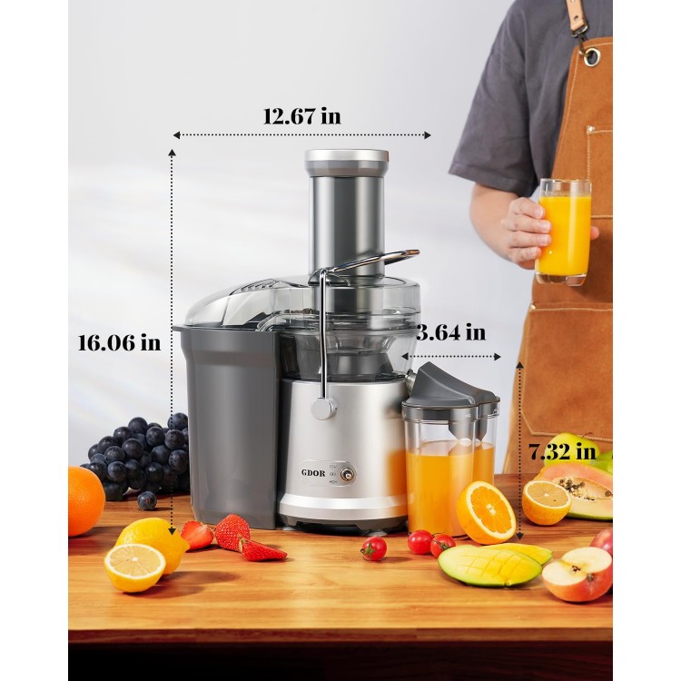 Powerful GDOR 1200W Juicer with Larger 3.2 Feed Chute, Titanium Enhanced Cutting System, Centrifugal Juice Extractor Maker with Heavy Duty Full Copper Motor, Dual Speeds, BPA-Free, Silver