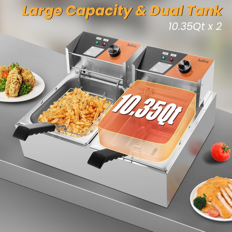 Commercial Deep Fryer 20.7Qt/20L Dual Tank Deep Fryers with Baskets 0.8mm Thickened Stainless Steel Electric Countertop Fryer with Adjustable Temperature, 1700w x2, 110v