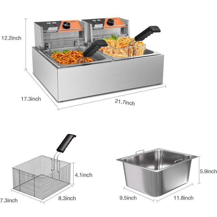 Commercial Deep Fryer 20.7Qt/20L Dual Tank Deep Fryers with Baskets 0.8mm Thickened Stainless Steel Electric Countertop Fryer with Adjustable Temperature, 1700w x2, 110v