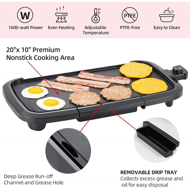 Aoran Pancake Indoor Grill Electric 22 inch Extra Large Electric Griddle,Family sized Griddle Electric Non-stick for Pancakes,Burgers, Quesadillas,Breakfast, Lunch,Cast Aluminum Griddle JP-001D 1600W